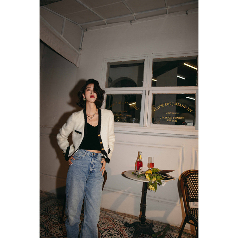 ROSEBANKS Tokyo 797 Water Wave Pattern Camel Velvet White Small Fragrant High Waist Small Coat Half Skirt Set image 5