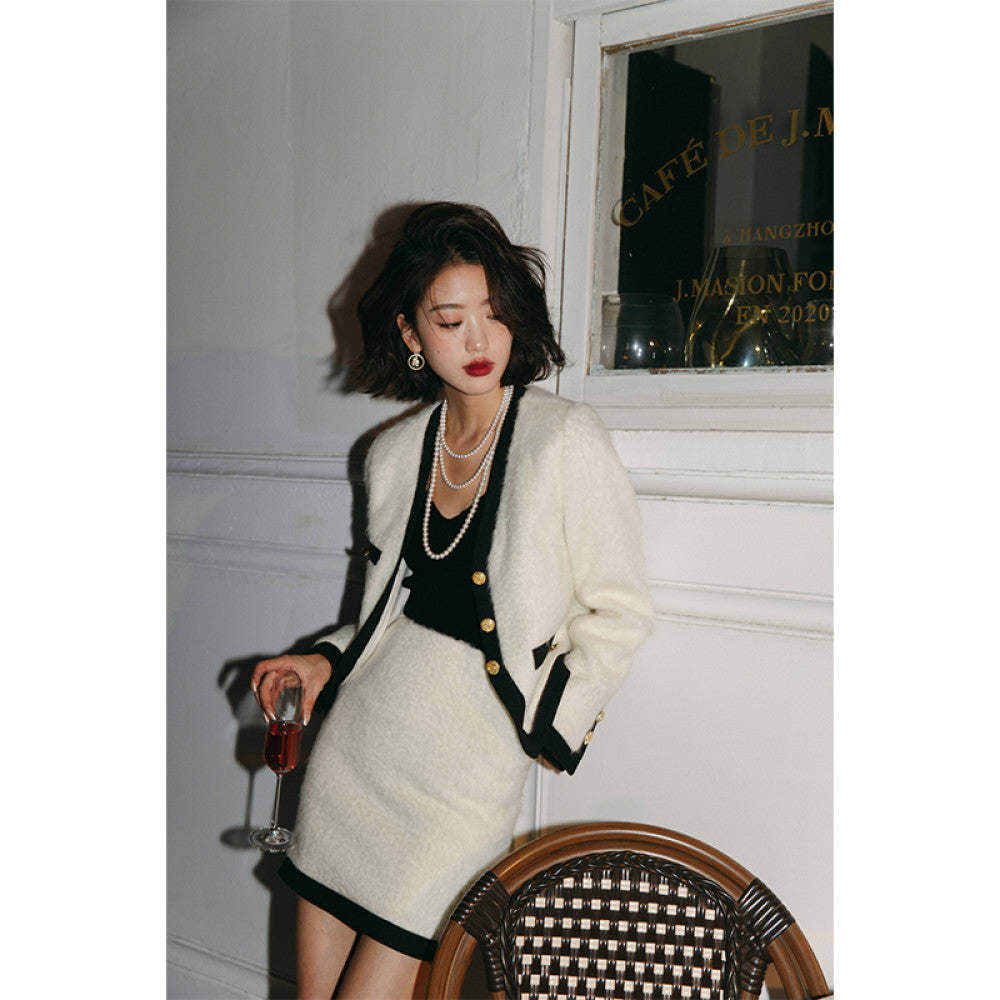 ROSEBANKS Tokyo 797 Water Wave Pattern Camel Velvet White Small Fragrant High Waist Small Coat Half Skirt Set image 17