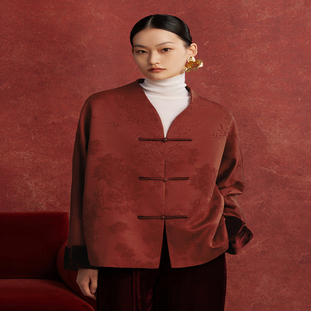 Ruyi Lianyun Spring and Autumn New Jacquard Buckle Short Coat for Women New Chinese Style Vintage Velvet Flip Cuff Top image 1