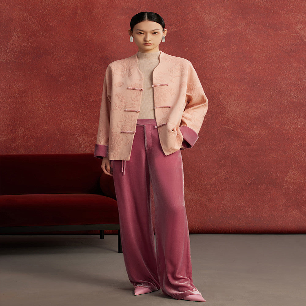 Ruyi Lianyun Spring and Autumn New Jacquard Buckle Short Coat for Women New Chinese Style Vintage Velvet Flip Cuff Top image 2