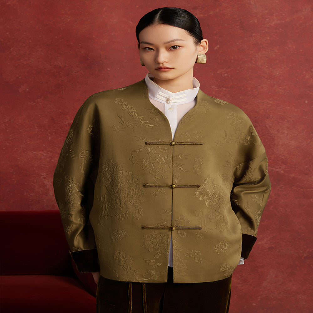 Ruyi Lianyun Spring and Autumn New Jacquard Buckle Short Coat for Women New Chinese Style Vintage Velvet Flip Cuff Top image 3