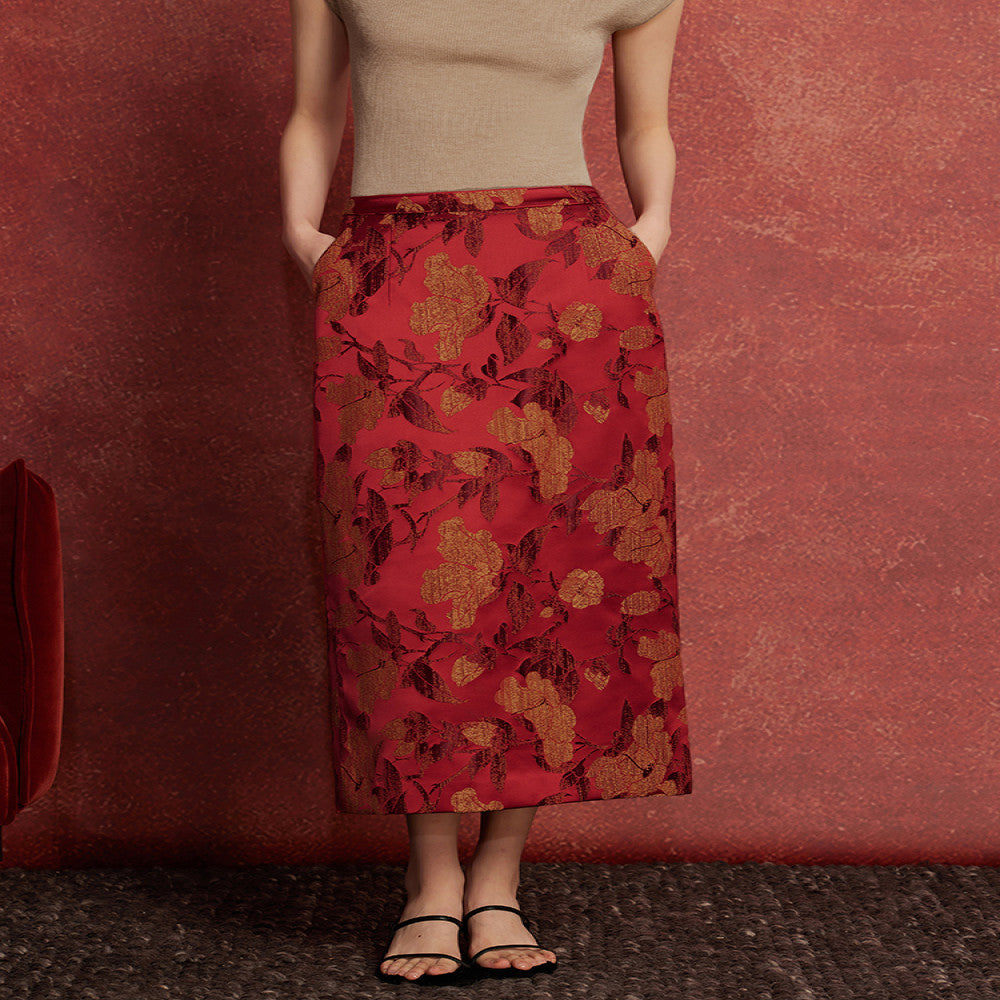 Ruyi Lianyun Spring and Autumn New Jacquard Straight Tube Half length Skirt for Women New Chinese Style Retro Style Pencil Skirt with Drawback image 1