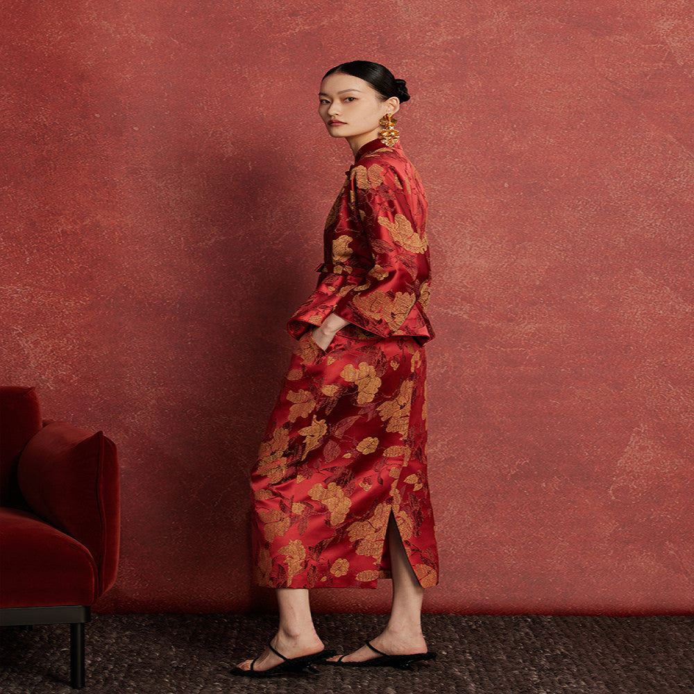 Ruyi Lianyun Spring and Autumn New Jacquard Straight Tube Half length Skirt for Women New Chinese Style Retro Style Pencil Skirt with Drawback image 4