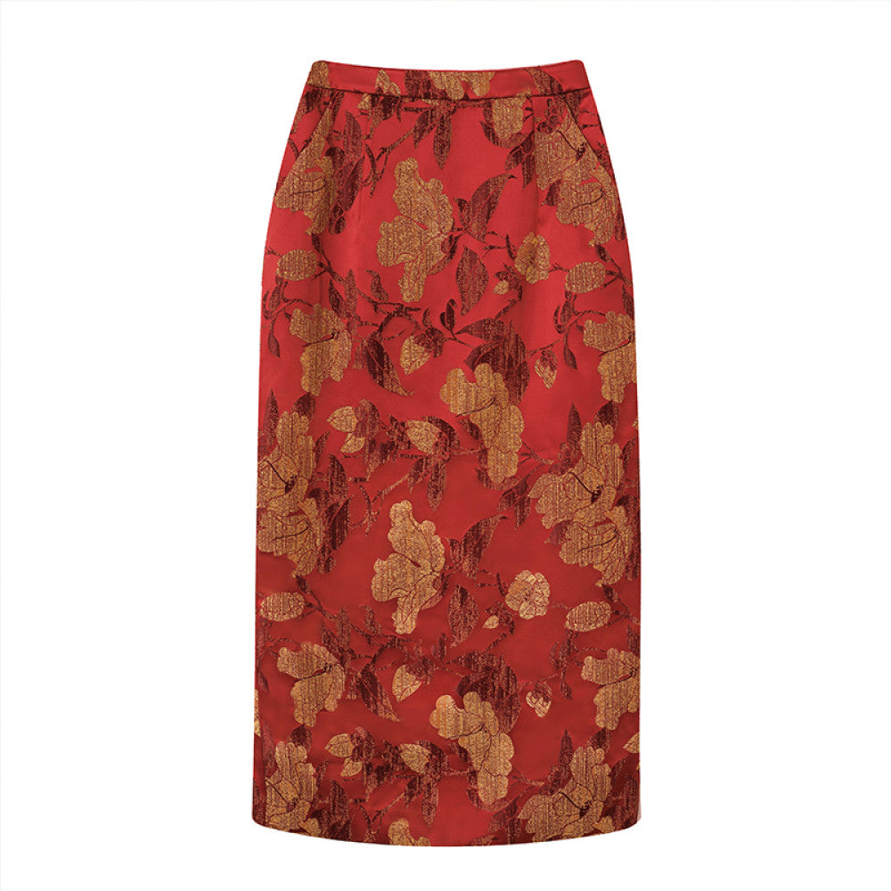 Ruyi Lianyun Spring and Autumn New Jacquard Straight Tube Half length Skirt for Women New Chinese Style Retro Style Pencil Skirt with Drawback image 8