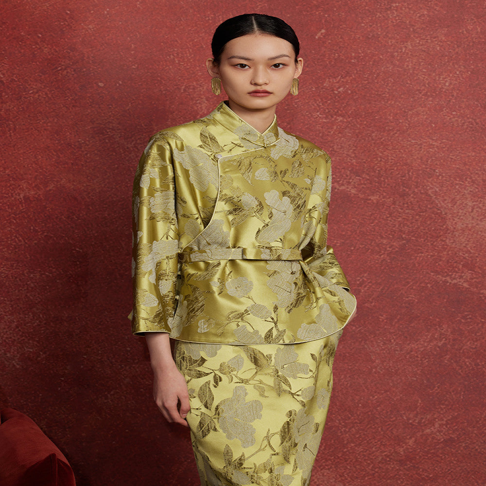 Ruyi Lianyun Spring and Autumn New Slant Collar Jacquard Short Coat Women s National Style Retro New Chinese Style Pan Button Top image 2