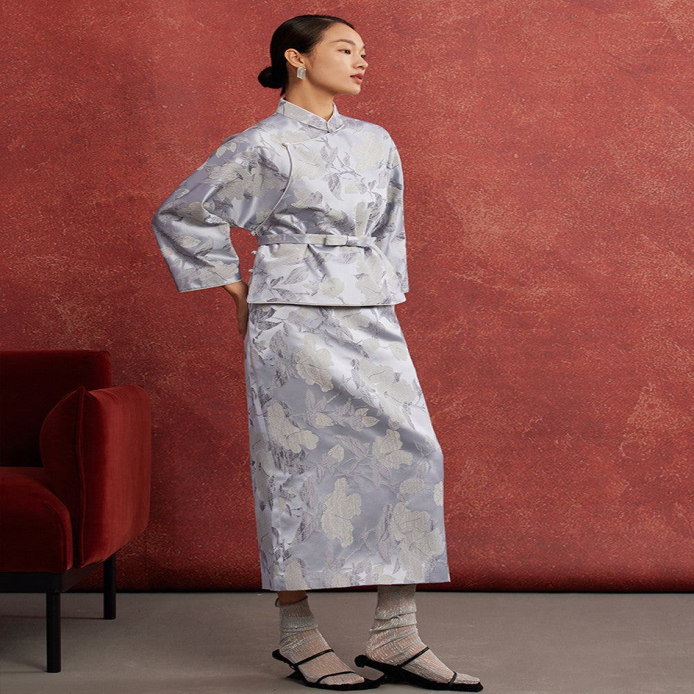 Ruyi Lianyun Spring and Autumn New Slant Collar Jacquard Short Coat Women s National Style Retro New Chinese Style Pan Button Top image 3