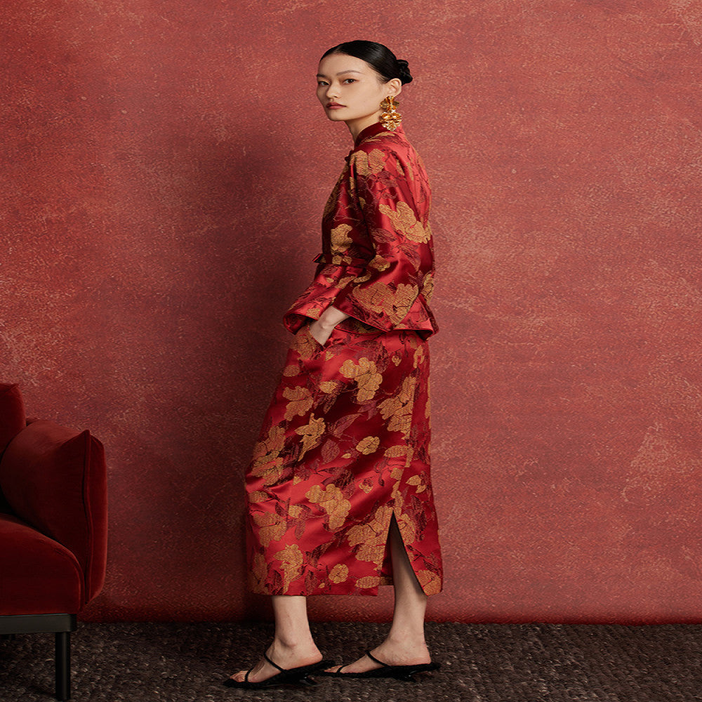 Ruyi Lianyun Spring and Autumn New Slant Collar Jacquard Short Coat Women s National Style Retro New Chinese Style Pan Button Top image 4