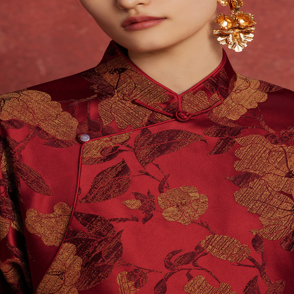 Ruyi Lianyun Spring and Autumn New Slant Collar Jacquard Short Coat Women s National Style Retro New Chinese Style Pan Button Top image 5