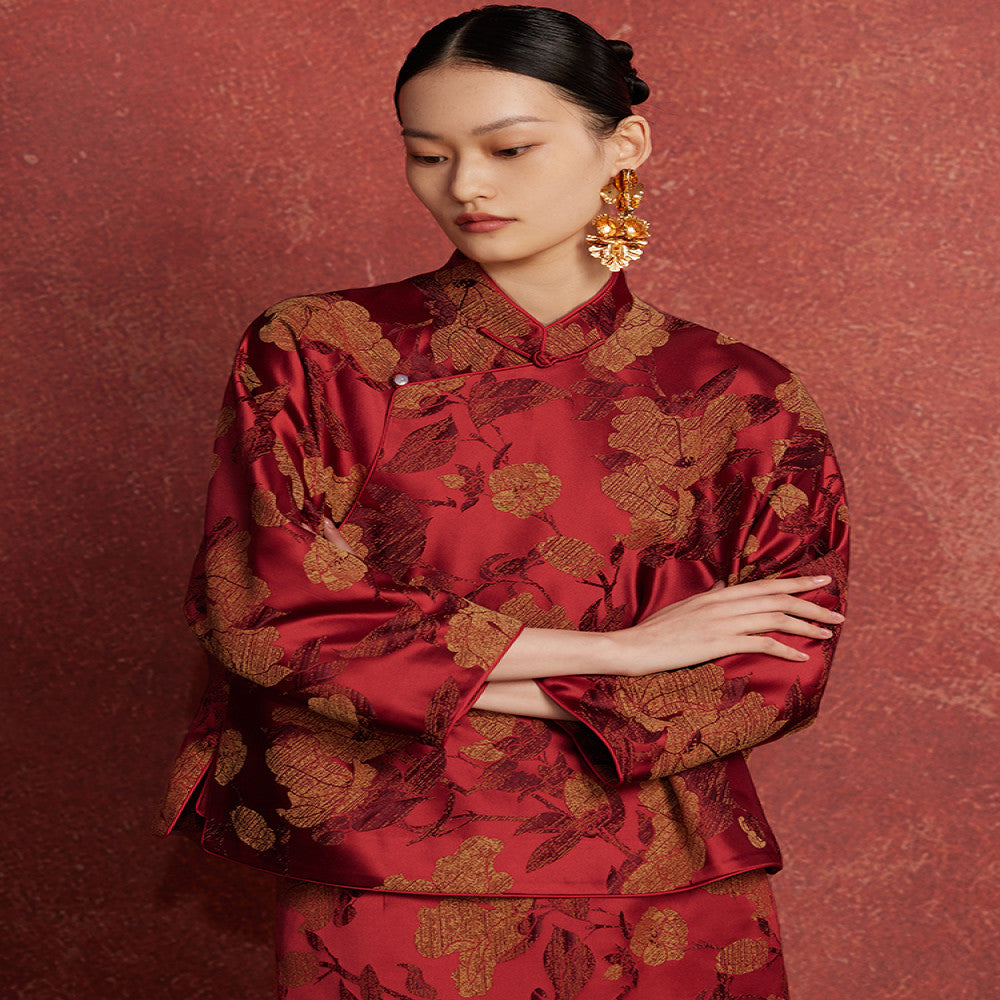 Ruyi Lianyun Spring and Autumn New Slant Collar Jacquard Short Coat Women s National Style Retro New Chinese Style Pan Button Top image 0