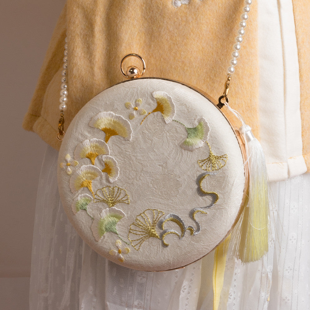 Embroidered handmade bag niche design crossbody bag women s versatile ins gentle ancient style apricot leaf bead Hanfu small bag image 3