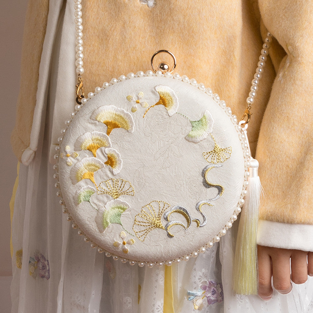 Embroidered handmade bag niche design crossbody bag women s versatile ins gentle ancient style apricot leaf bead Hanfu small bag image 6