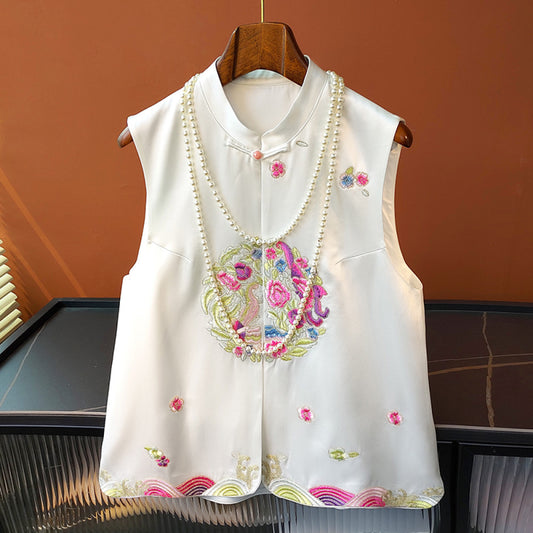 ASAYA2619 New Chinese style embroidered retro buckle acetate satin vest