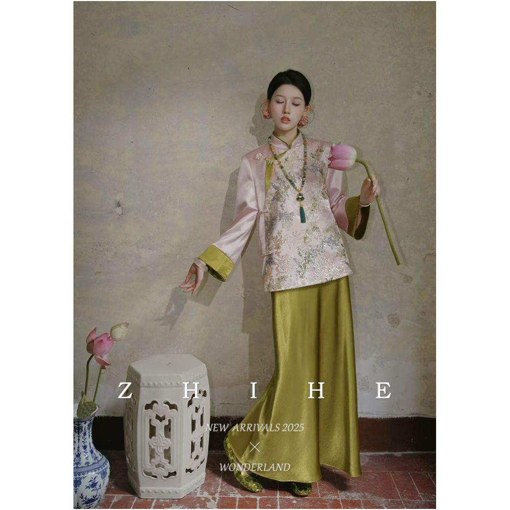 Wuyan Yihe Huajian Embroidery Original New Chinese Heavy Industry Bead Embroidery Coat Satin Half Skirt image 3