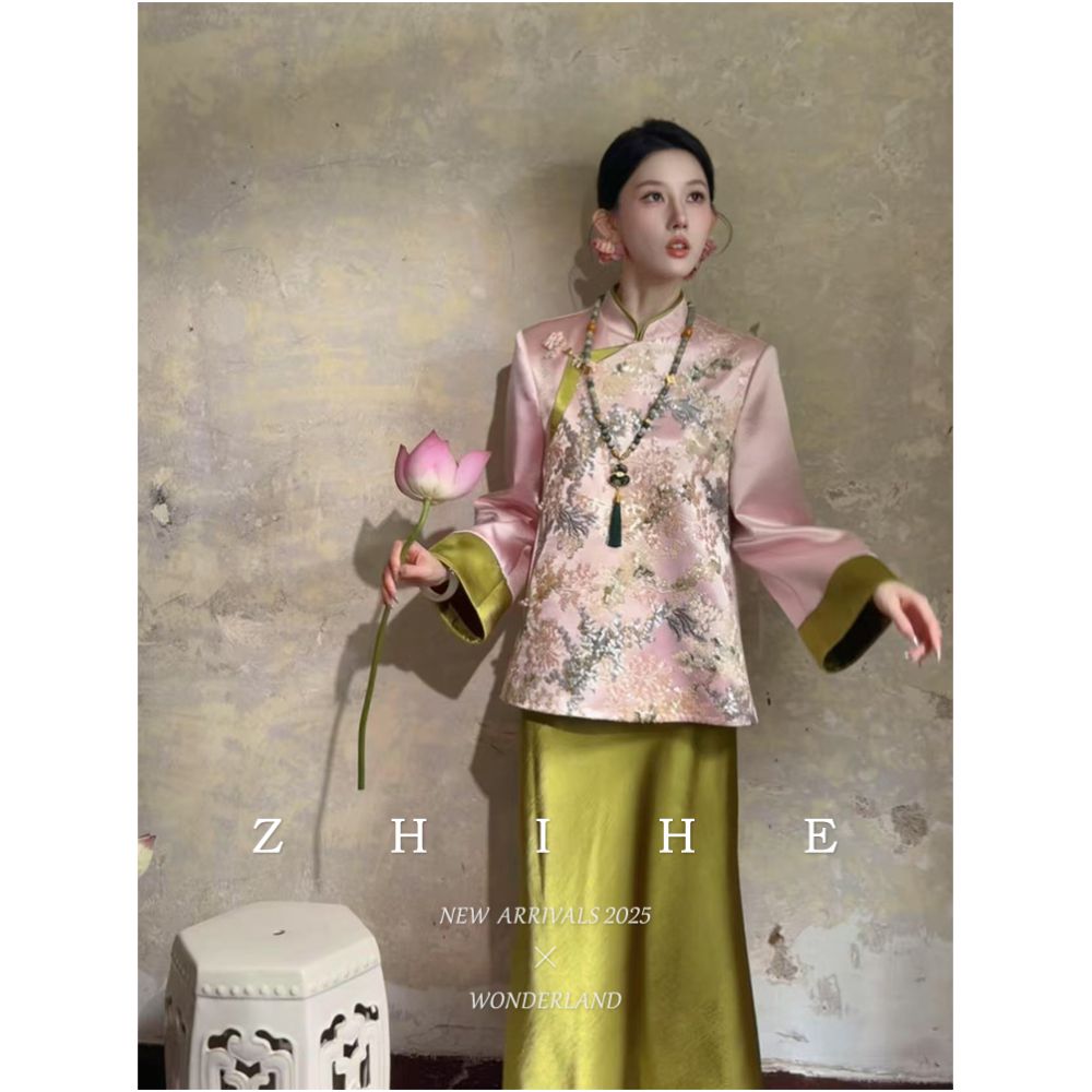 Wuyan Yihe Huajian Embroidery Original New Chinese Heavy Industry Bead Embroidery Coat Satin Half Skirt image 4