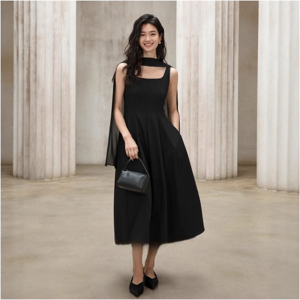 Black square neck sleeveless Hepburn waist cinched dress for women 2025 autumn new style temperament small black dress long skirt 4058 image 13