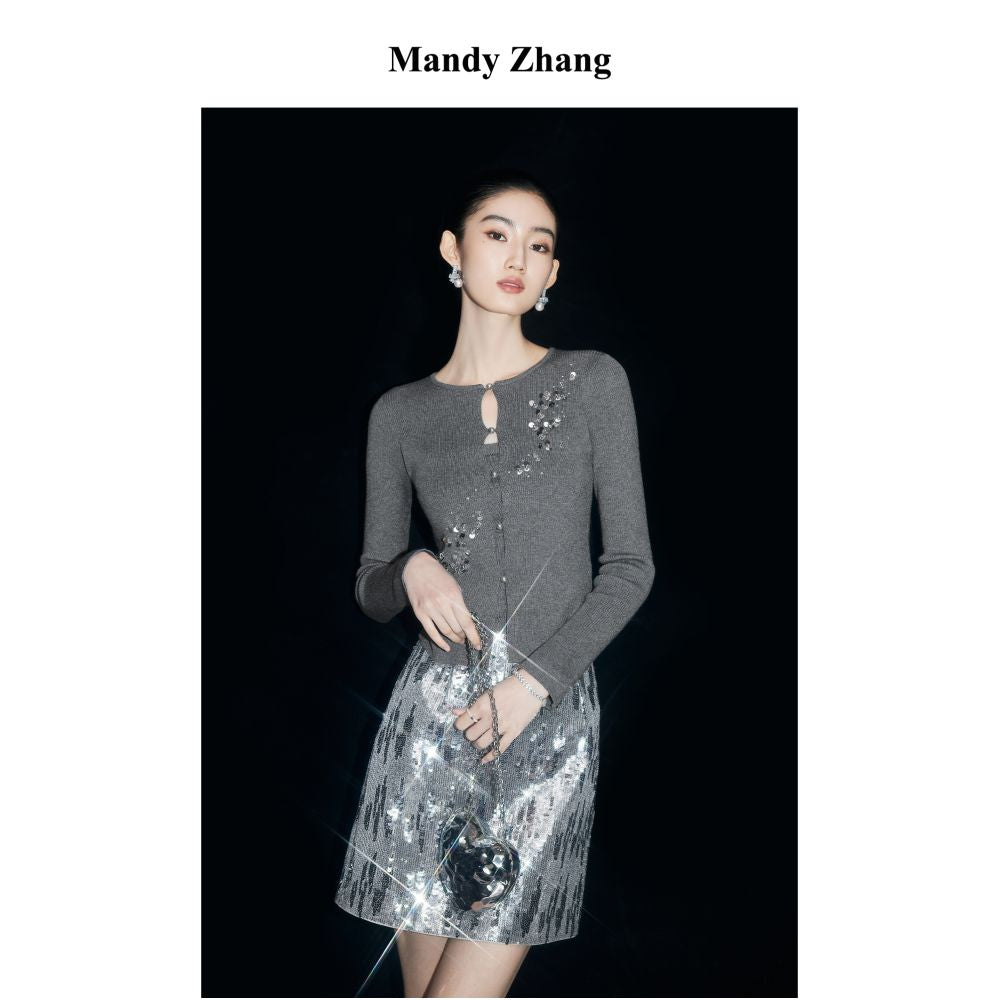 MandyZhang French Heavy Industry Nail Pearl Grey Knitted Cardigan Women s Autumn Pearl Button Temperament Sweater Coat image 9
