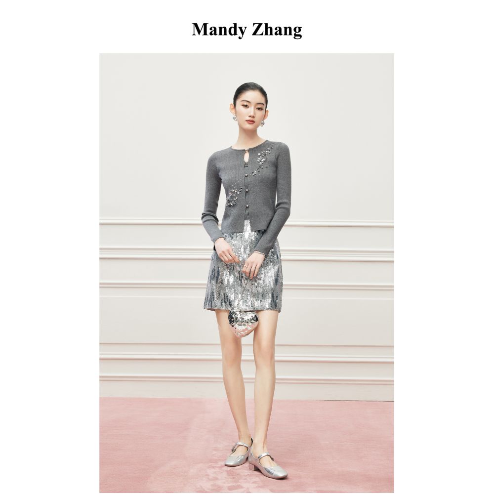 MandyZhang French Heavy Industry Nail Pearl Grey Knitted Cardigan Women s Autumn Pearl Button Temperament Sweater Coat image 10