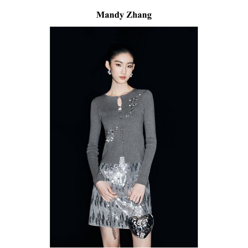 MandyZhang French Heavy Industry Nail Pearl Grey Knitted Cardigan Women s Autumn Pearl Button Temperament Sweater Coat image 11