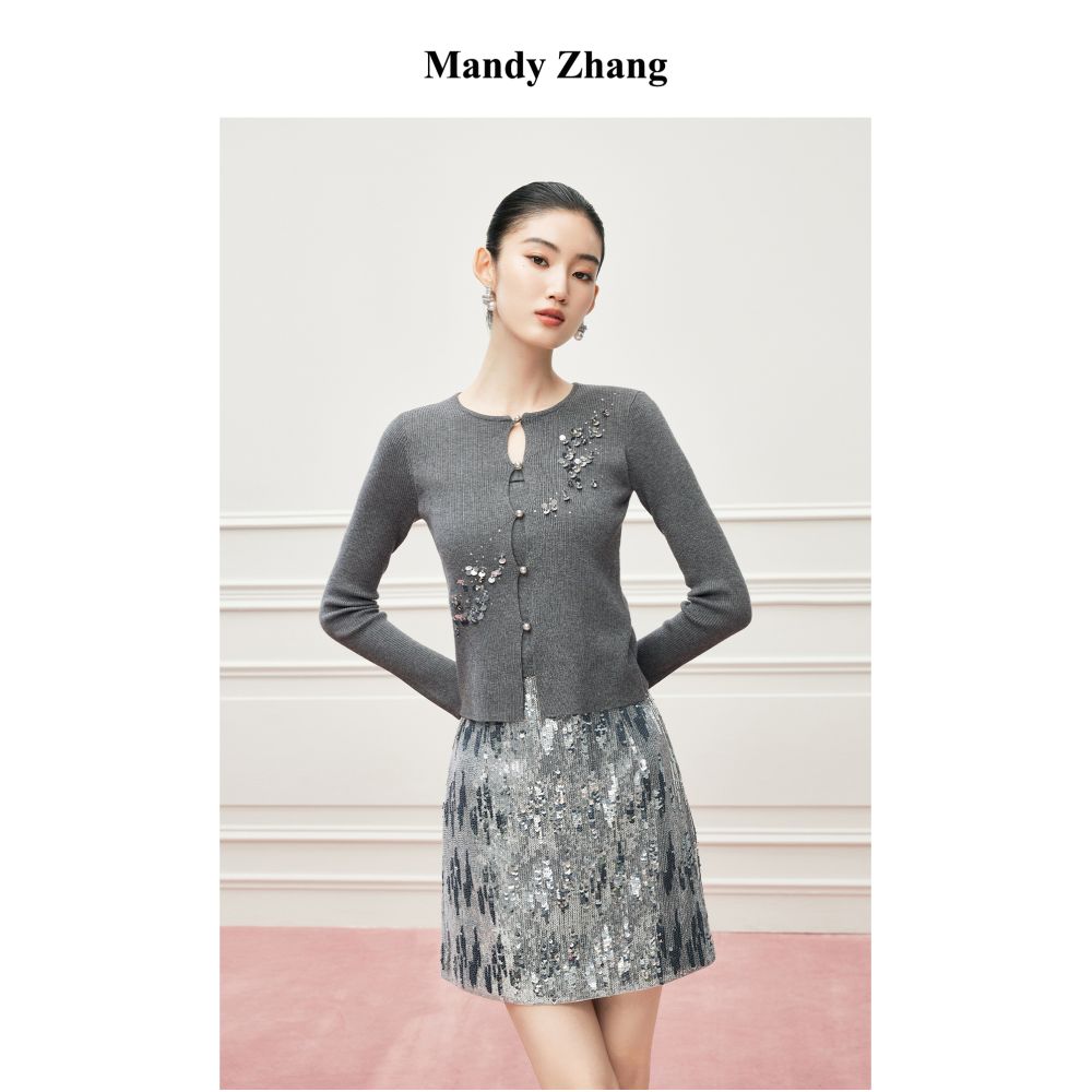 MandyZhang French Heavy Industry Nail Pearl Grey Knitted Cardigan Women s Autumn Pearl Button Temperament Sweater Coat image 12