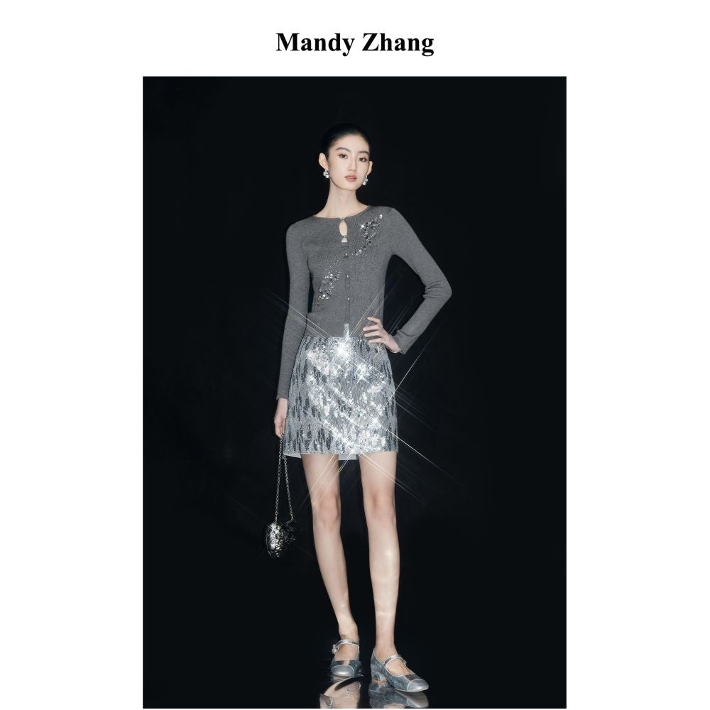 MandyZhang French Heavy Industry Nail Pearl Grey Knitted Cardigan Women s Autumn Pearl Button Temperament Sweater Coat image 13