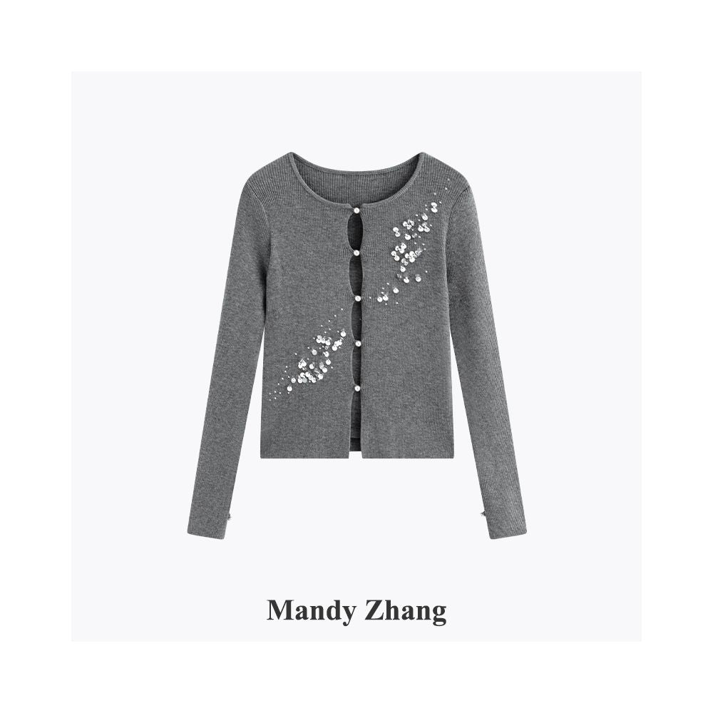 MandyZhang French Heavy Industry Nail Pearl Grey Knitted Cardigan Women s Autumn Pearl Button Temperament Sweater Coat image 3