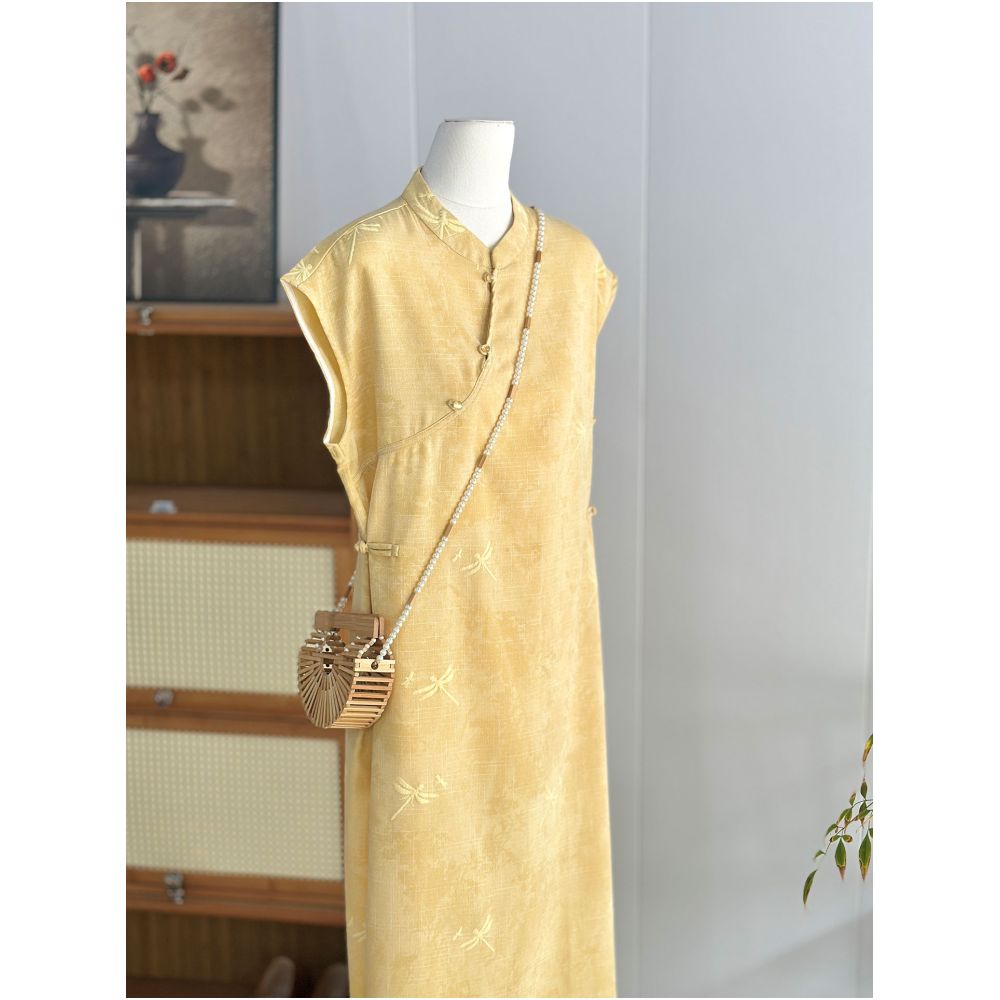 Yellow New Chinese style Improved Cheongsam Dress for Women in Summer Thin Slanted Embroidered Loose Cotton and Hemp Zen Tea Clothes image 2