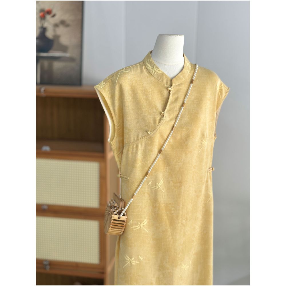 Yellow New Chinese style Improved Cheongsam Dress for Women in Summer Thin Slanted Embroidered Loose Cotton and Hemp Zen Tea Clothes image 3