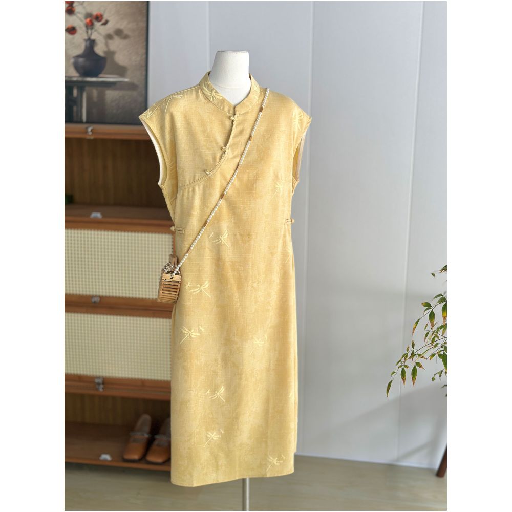 Yellow New Chinese style Improved Cheongsam Dress for Women in Summer Thin Slanted Embroidered Loose Cotton and Hemp Zen Tea Clothes image 4
