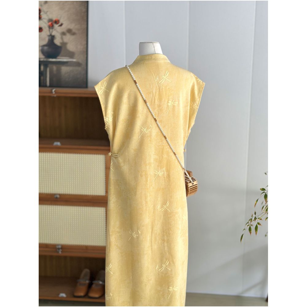 Yellow New Chinese style Improved Cheongsam Dress for Women in Summer Thin Slanted Embroidered Loose Cotton and Hemp Zen Tea Clothes image 5