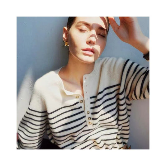 ASAYA2587 Loose French retro classic striped 100% wool sweater round neck button-down sweater