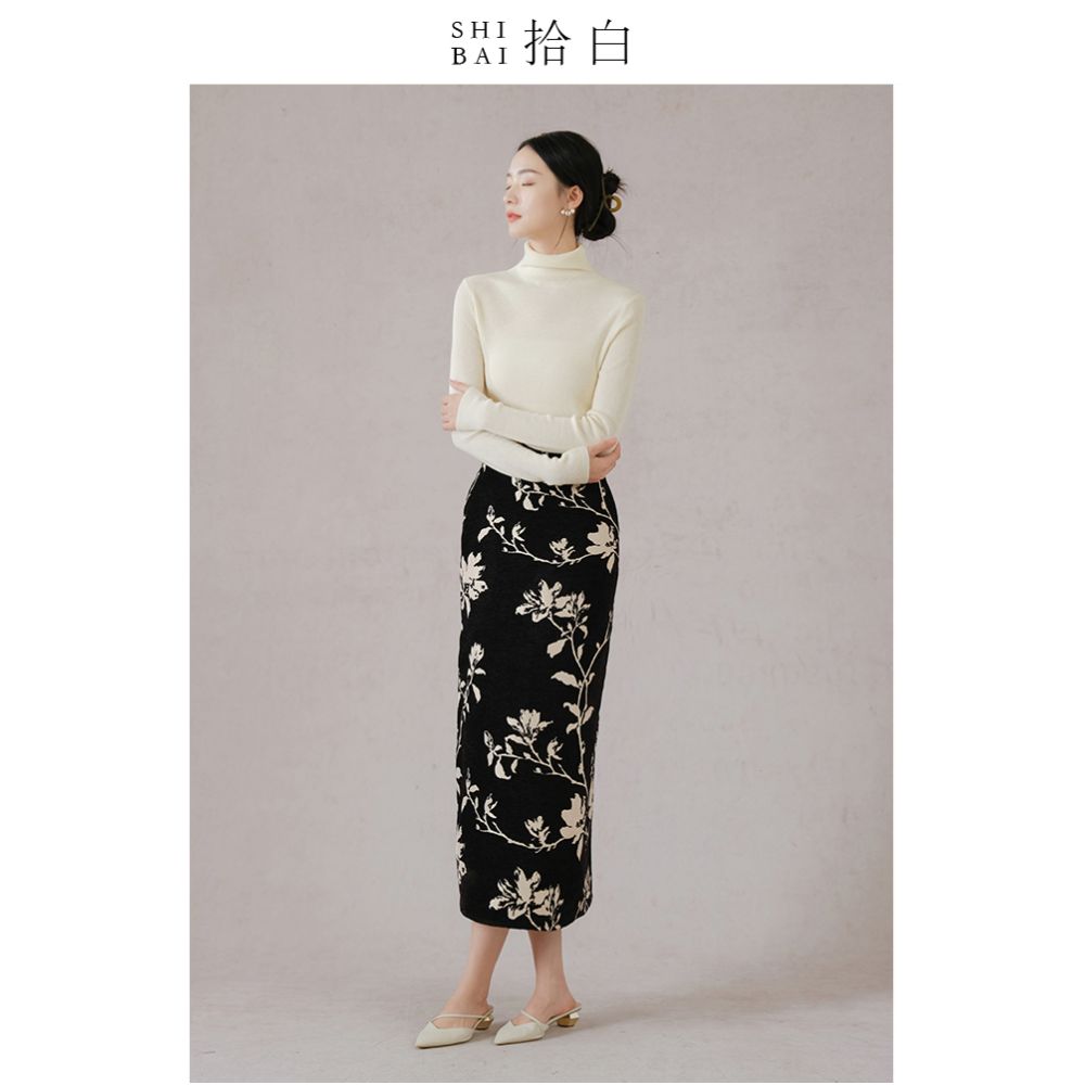 SHIBAI White Original Innovative Chinese Magnolia Half Skirt Autumn Winter Black Temperament Commuting Elegant Jacquard Half Skirt image 3