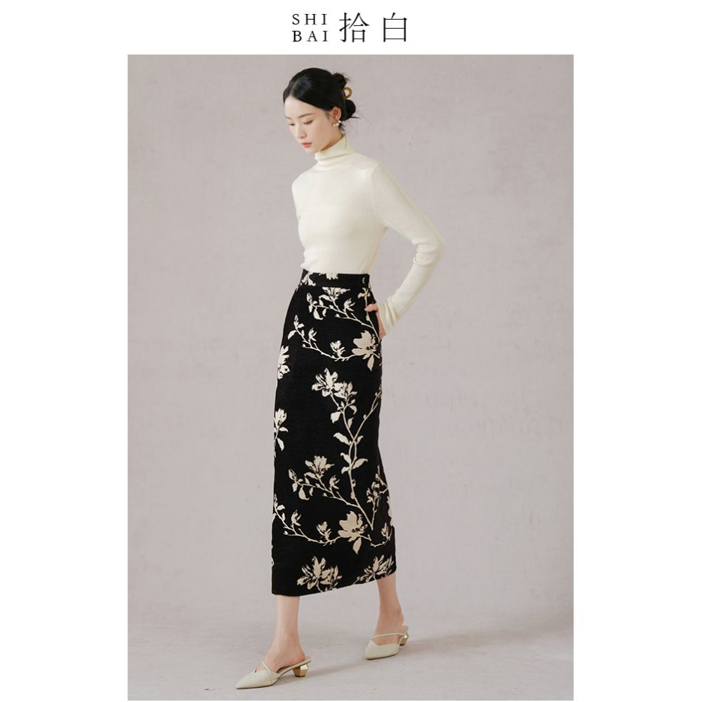 SHIBAI White Original Innovative Chinese Magnolia Half Skirt Autumn Winter Black Temperament Commuting Elegant Jacquard Half Skirt image 0