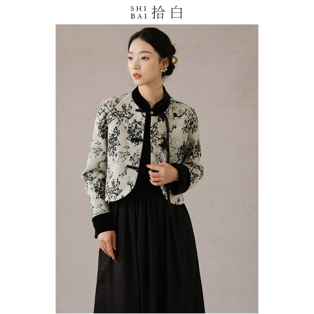 SHIBAI White New Chinese Style Coat Autumn Winter New Black Plum Blossom High end Temperament Jacquard Buckle Top image 2