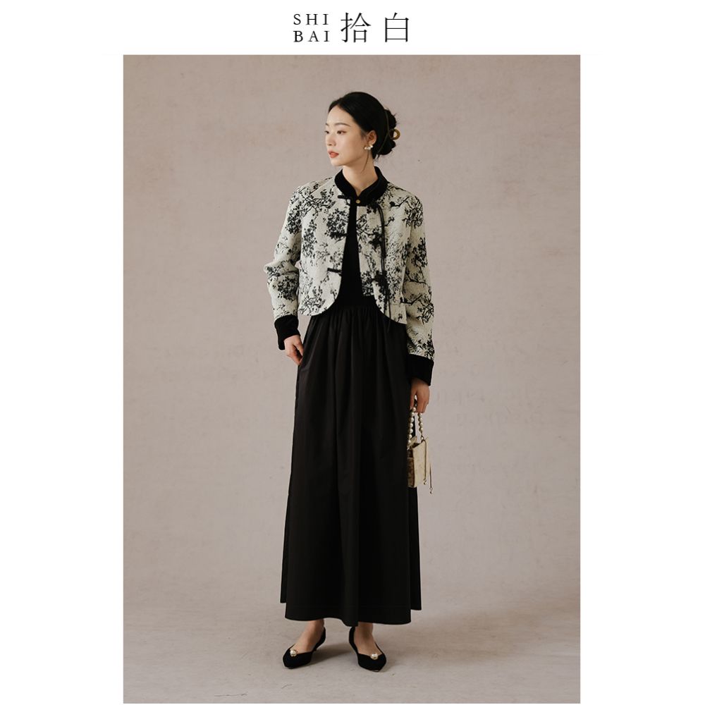 SHIBAI White New Chinese Style Coat Autumn Winter New Black Plum Blossom High end Temperament Jacquard Buckle Top image 4