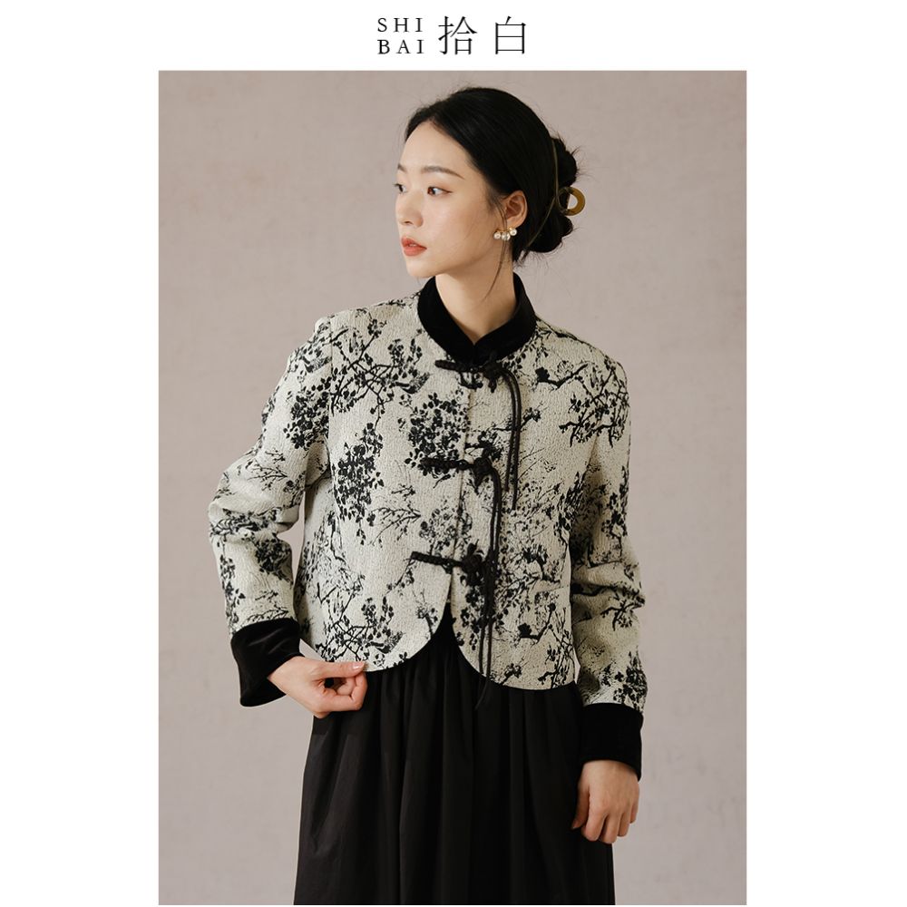 SHIBAI White New Chinese Style Coat Autumn Winter New Black Plum Blossom High end Temperament Jacquard Buckle Top image 7