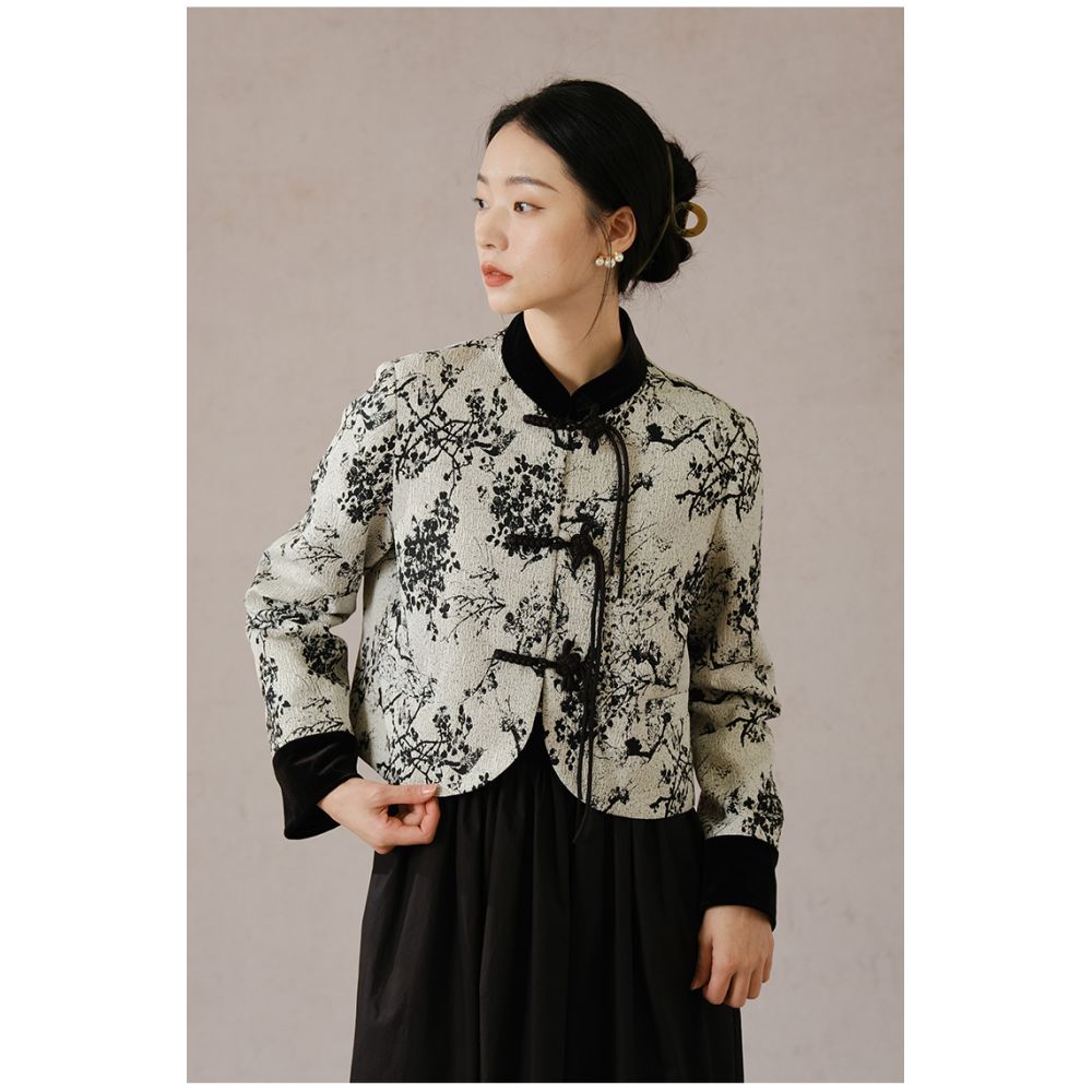 SHIBAI White New Chinese Style Coat Autumn Winter New Black Plum Blossom High end Temperament Jacquard Buckle Top image 23