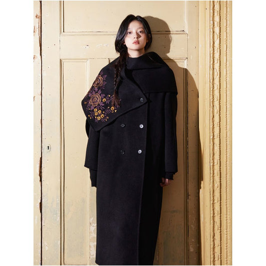 ASAYA2536 Designer hand-painted purple and gold embroidered scarf | Fully handmade double-sided woolen coat