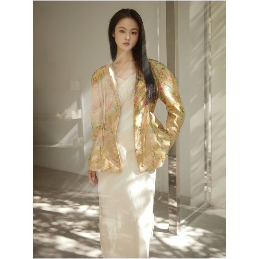 New Chinese style flower and bird painting jacquard fabric vintage style three dimensional waist hugging jacket hip hugging skirt image 2