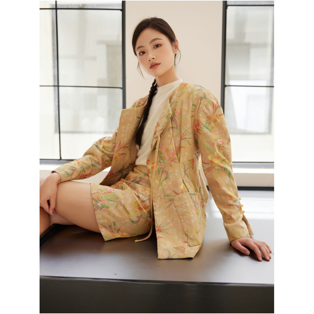New Chinese style flower and bird painting jacquard fabric vintage style three dimensional waist hugging jacket hip hugging skirt image 3