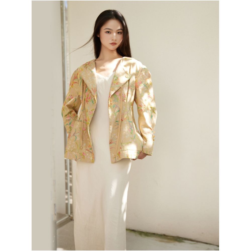 New Chinese style flower and bird painting jacquard fabric vintage style three dimensional waist hugging jacket hip hugging skirt image 5