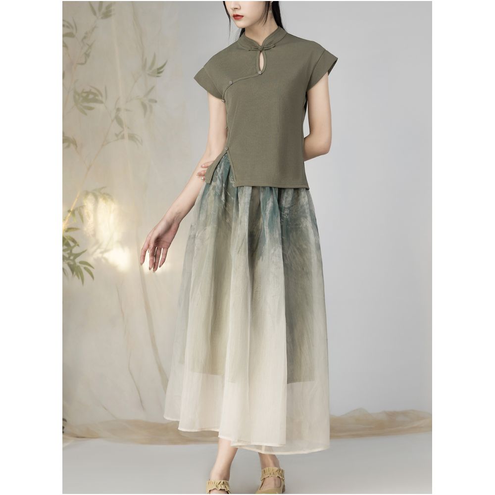 Yiyan New Chinese Green Knitted Top Summer Buckle Stand up Collar Retro Little Fly Sleeve Design T shirt Short Sleeve for Women image 0
