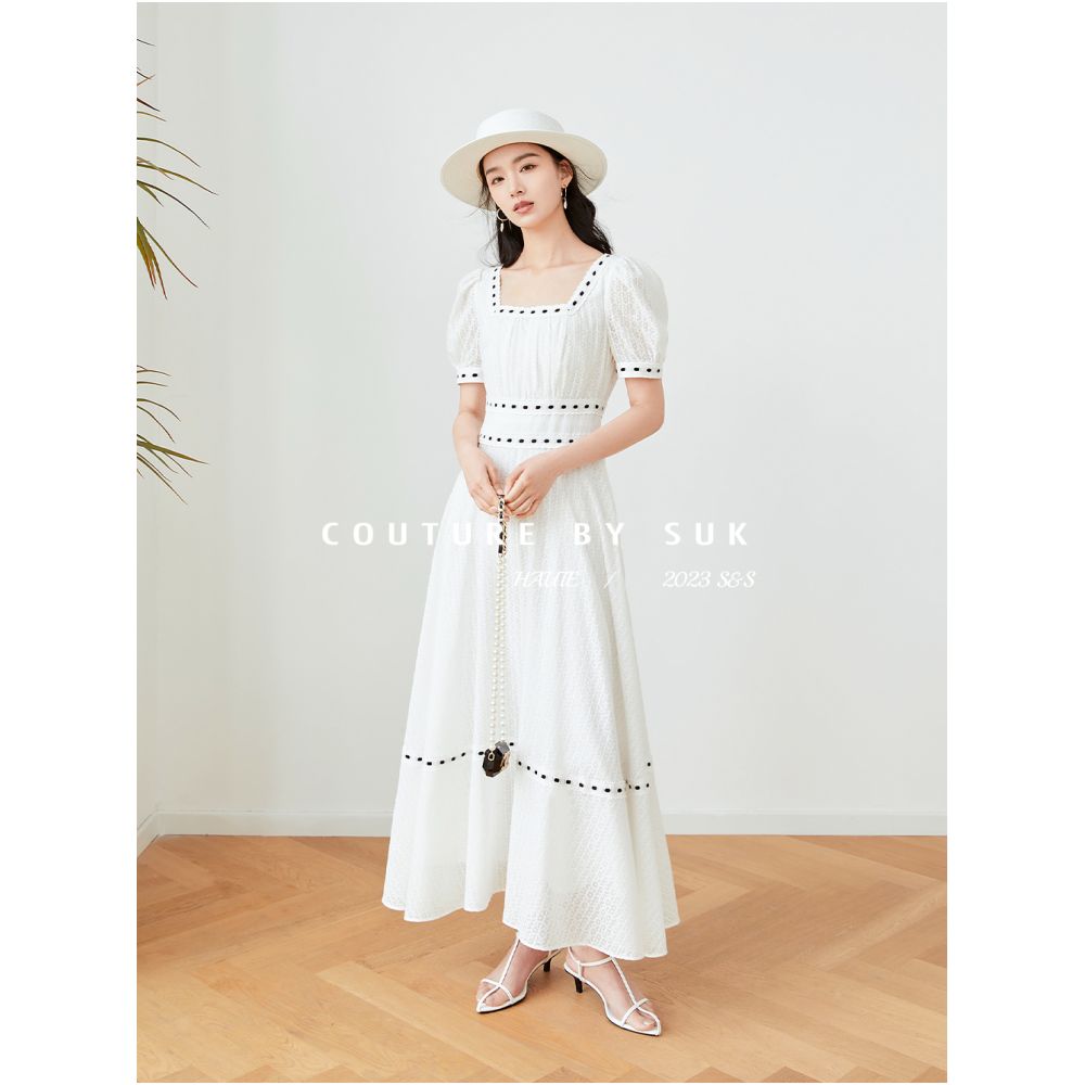 Spot SUK Danube Pearl Bubble sleeve contrasting white jacquard dress long style cinched waist for slimming effect image 1