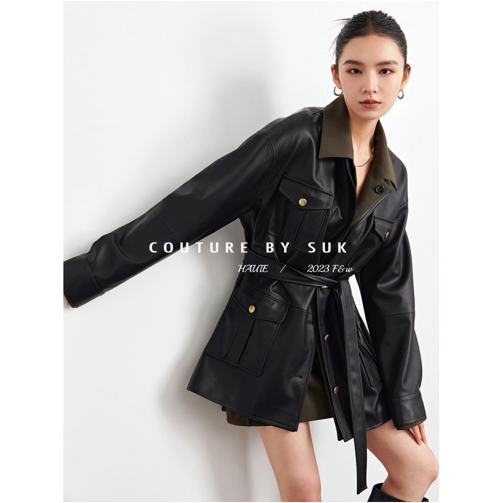 SUK will last forever Autumn black leather jacket half skirt two piece set design inspired leather jacket set for women image 2
