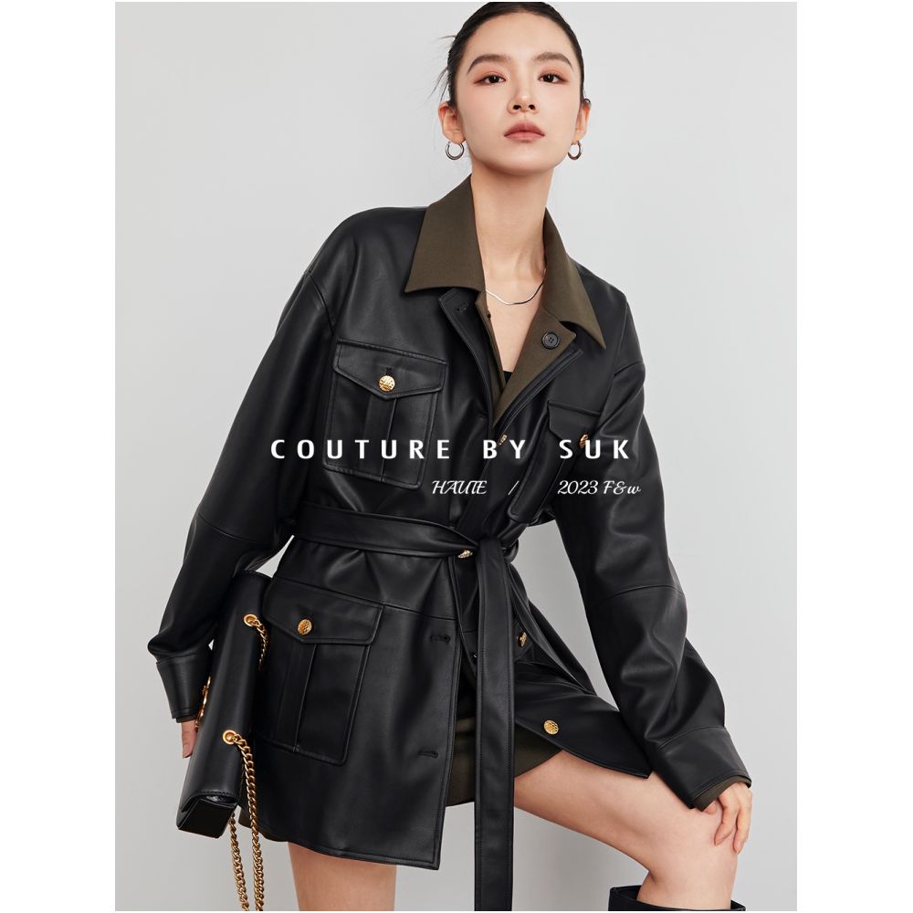 SUK will last forever Autumn black leather jacket half skirt two piece set design inspired leather jacket set for women image 3
