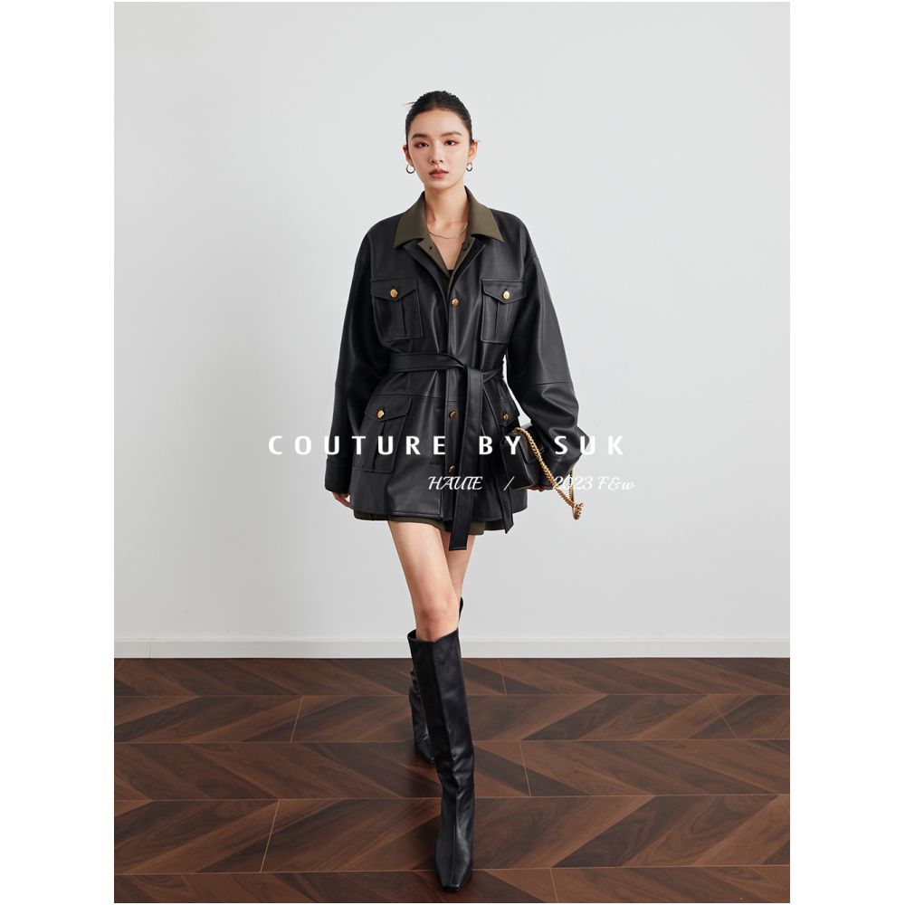 SUK will last forever Autumn black leather jacket half skirt two piece set design inspired leather jacket set for women image 4