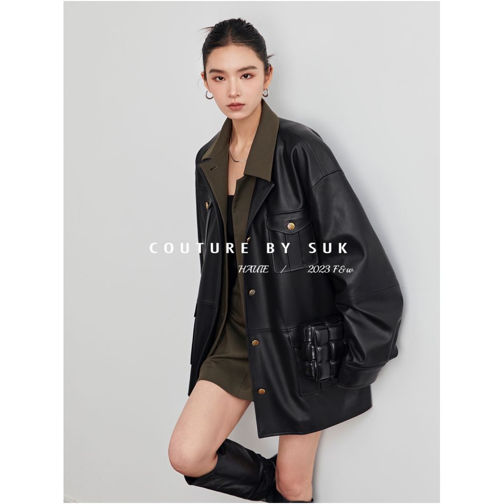 SUK will last forever Autumn black leather jacket half skirt two piece set design inspired leather jacket set for women image 5