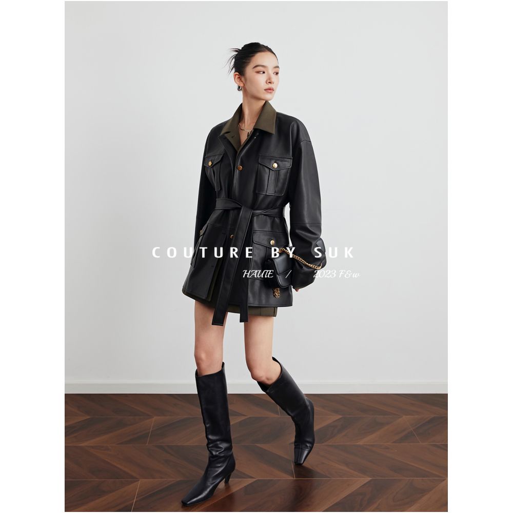 SUK will last forever Autumn black leather jacket half skirt two piece set design inspired leather jacket set for women image 0