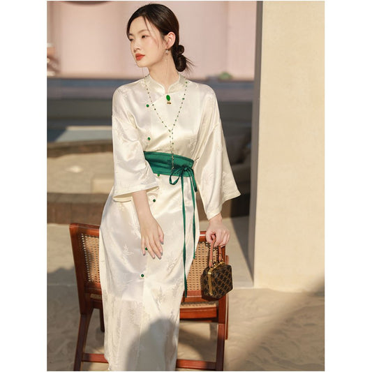 ASAYA2491 National Style Acetate Plum, Orchid, Bamboo and Chrysanthemum Dress