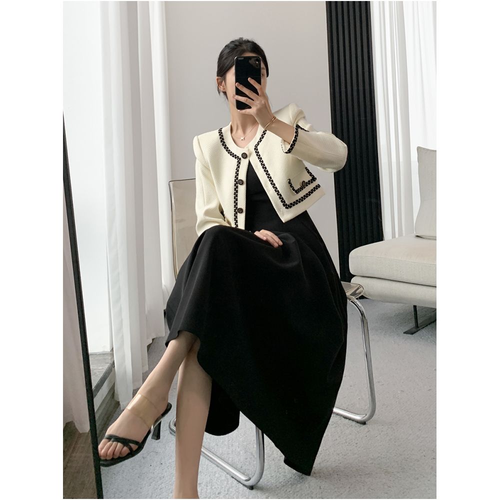 Guoge s black camisole dress for women in the autumn of 2025 a two piece set of high end French style small fragrant jacket image 0