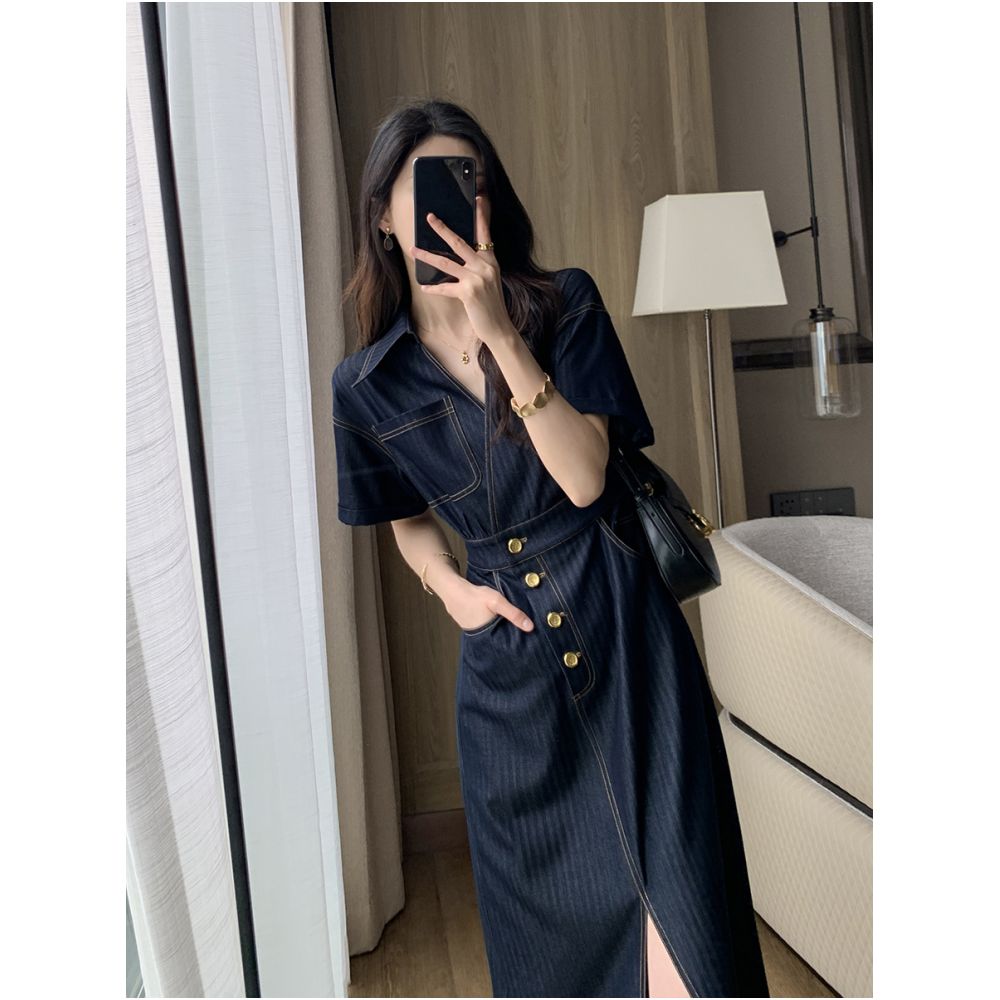 FT GUOGE denim dress for women in the summer of 2025 with a sense of luxury retro style waist cinching slimming temperament commuting long skirt image 1